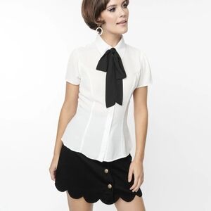 Unique Vintage White Blouse with Black Bow